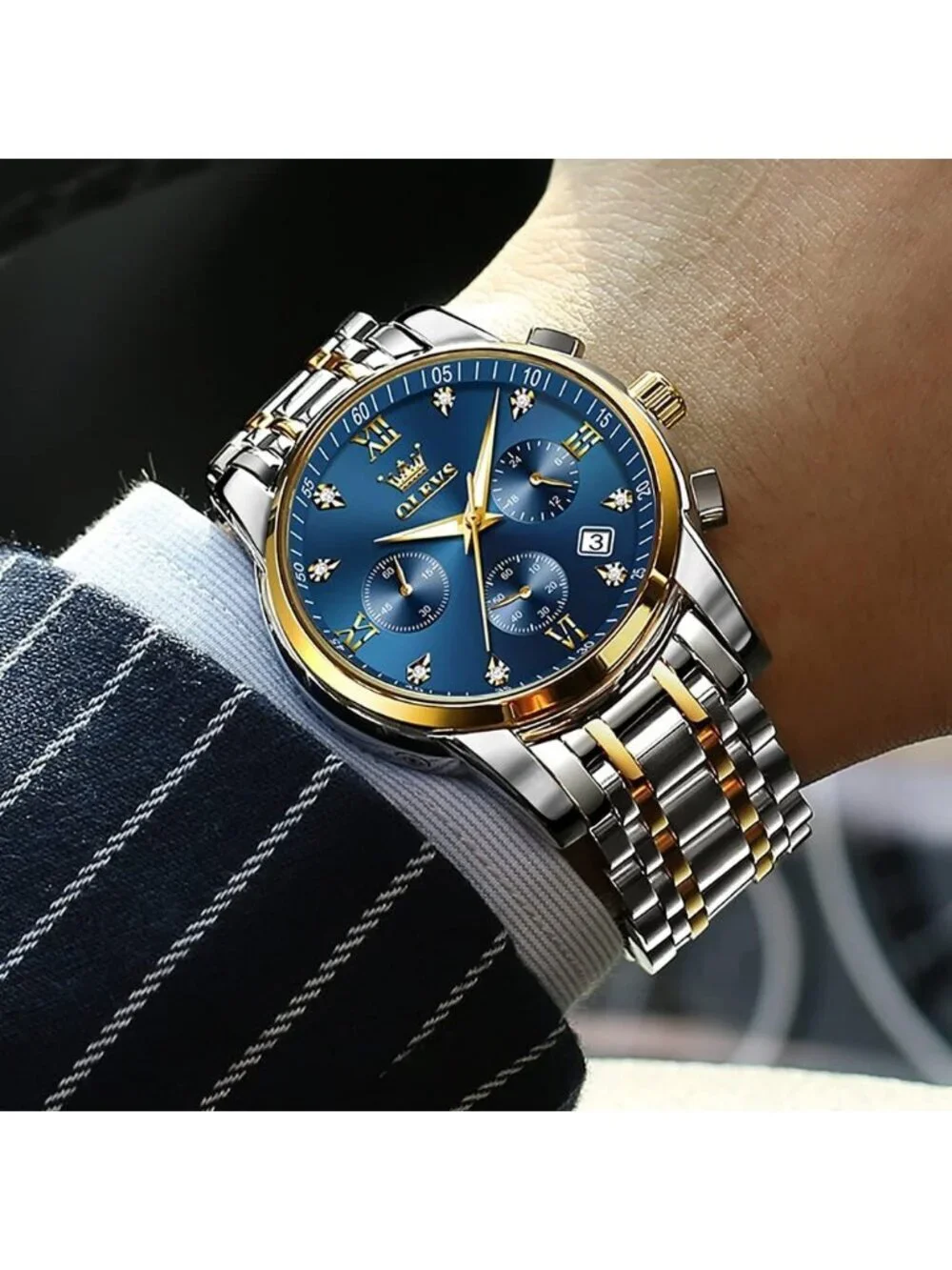 Olevs Men Silver Gold Multifunction Blue Face Waterproof Chronograph Wrist Watch